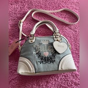 Beautiful JUICY COUTURE DENIM HERITAGE SATCHEL Pink Heart W Free Gift